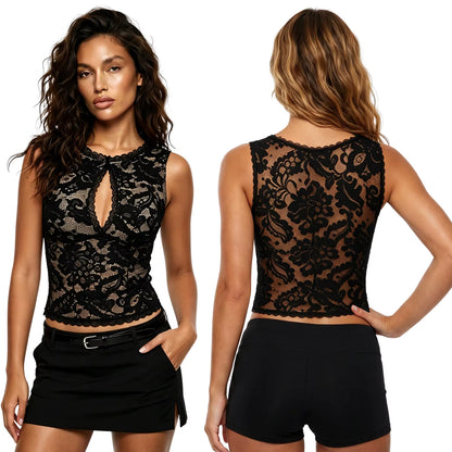 Sheer Lace Cutout Sleeveless Top with Boat Neck – Elegant Summer Style