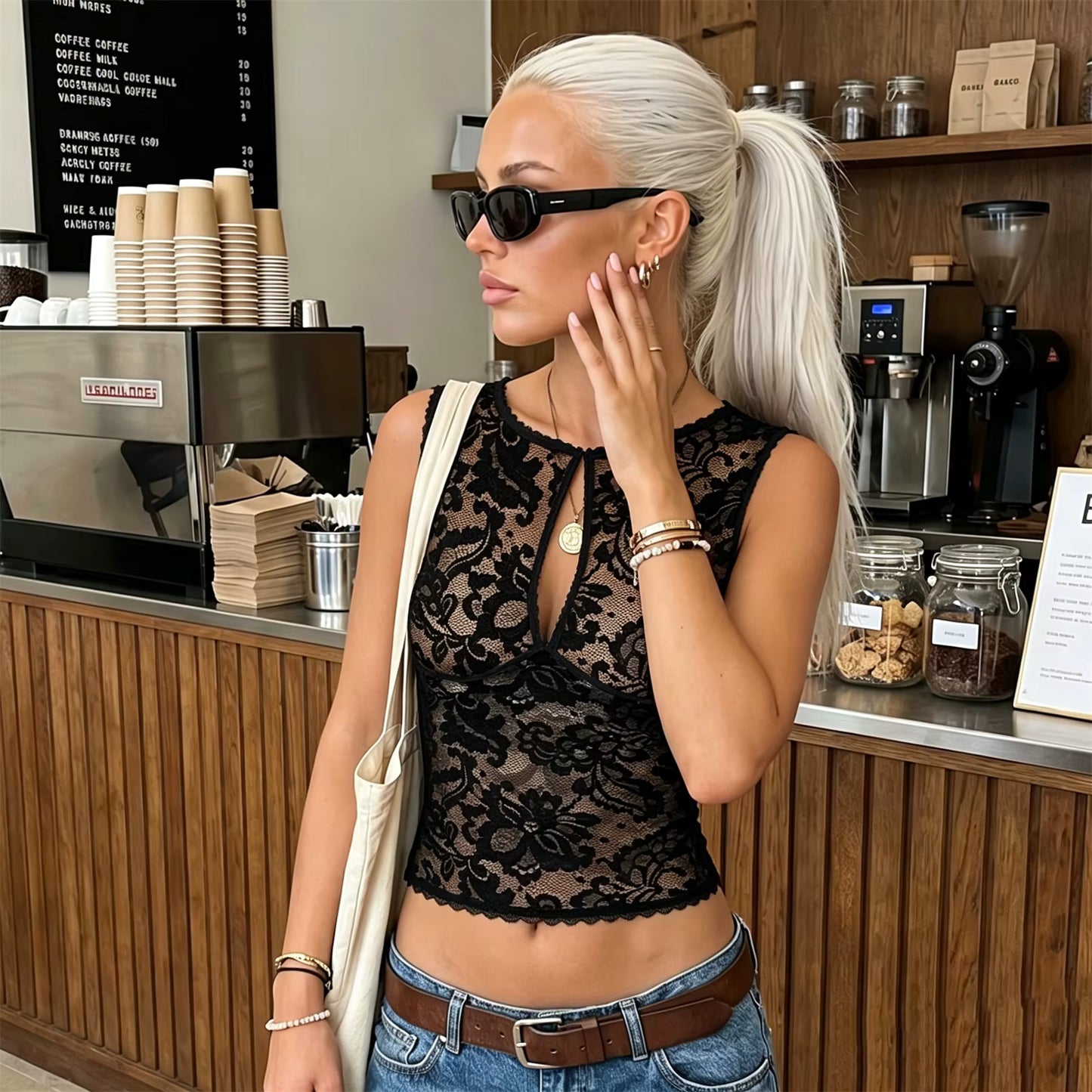 Sheer Lace Cutout Sleeveless Top with Boat Neck – Elegant Summer Style